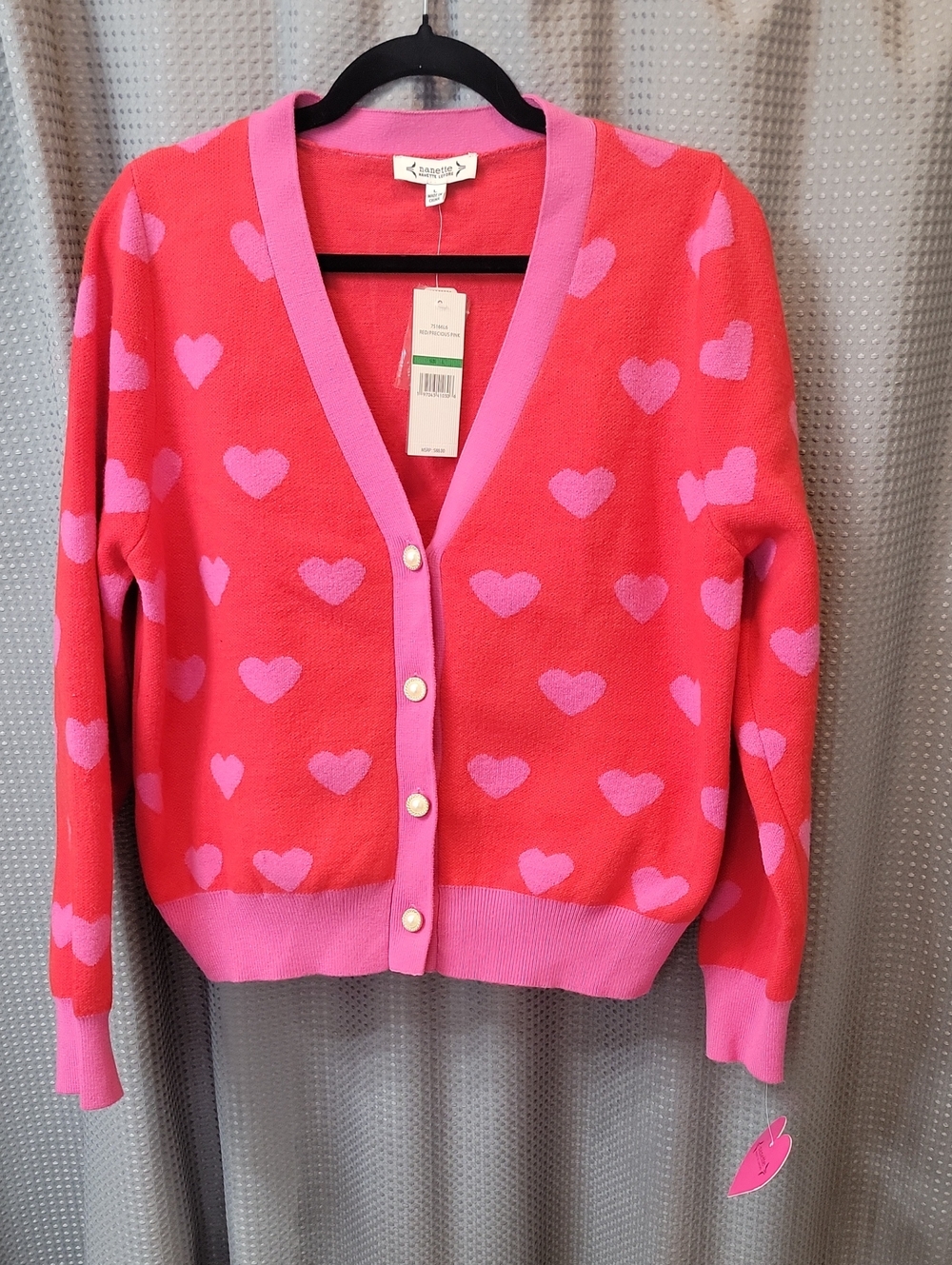 NWT Nanette Lepore Pink and Light Pink Heart V-Neck Cardigan Size L